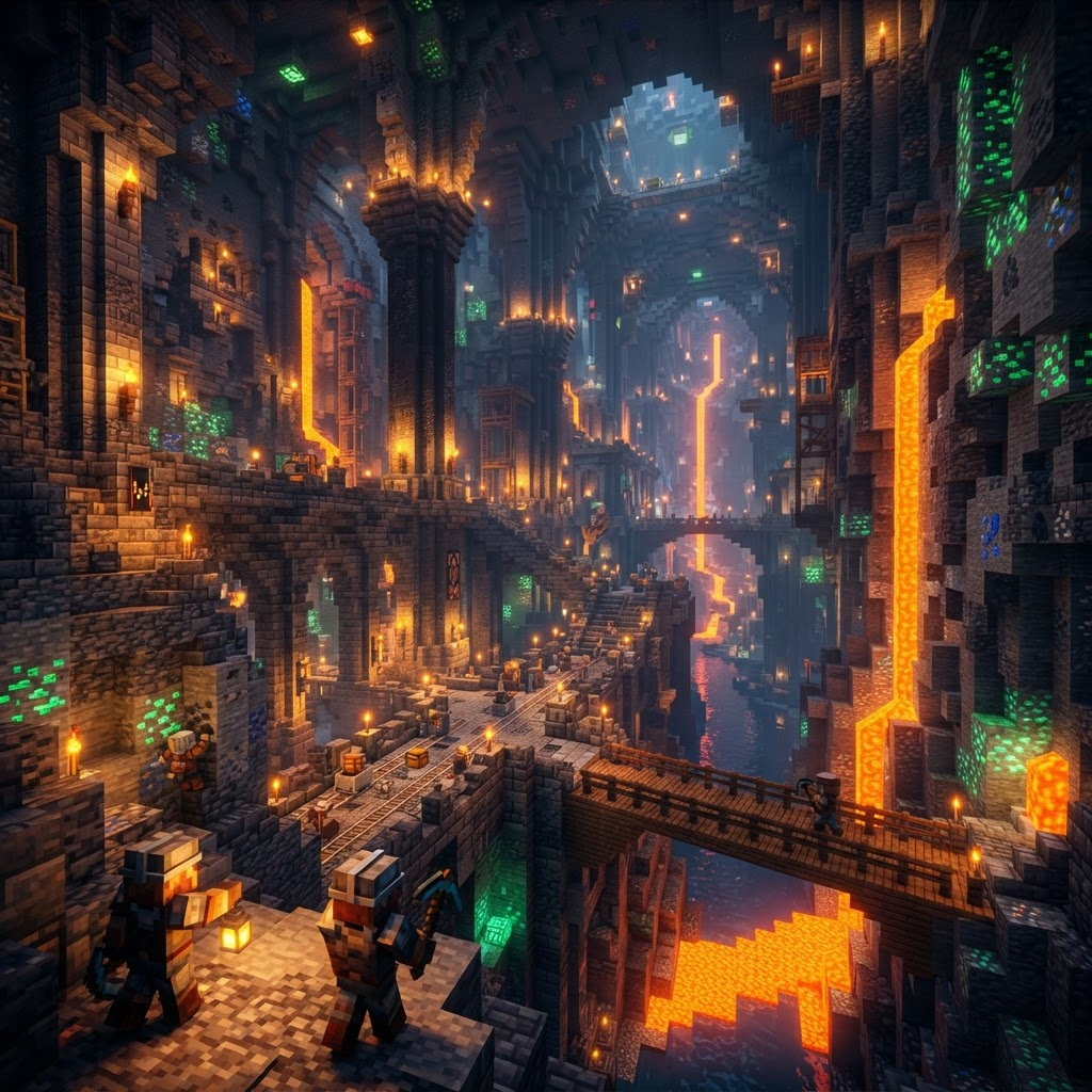 Grande caverne minière du serveur MoriaMC éclairée par la lave et des torches