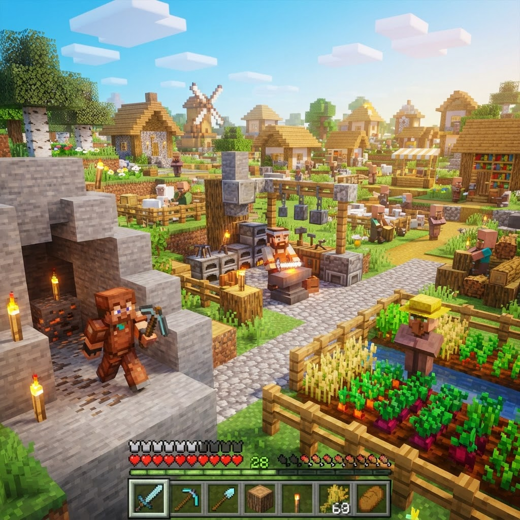 Joueurs Minecraft exerçant différents métiers dans un village
